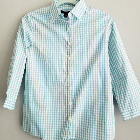 Lands' End Tops - Lands' End Supima Cotton Aqua Gingham 3/4 Sleeve Button Up Shirt